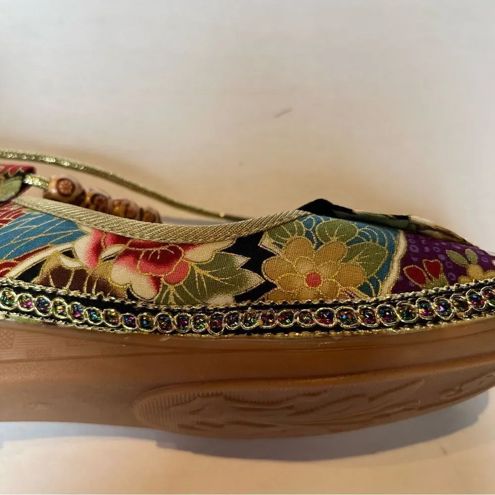 Women's Canvas Flat Floral Print Colorful with Beaded Ankle Tie Size 40